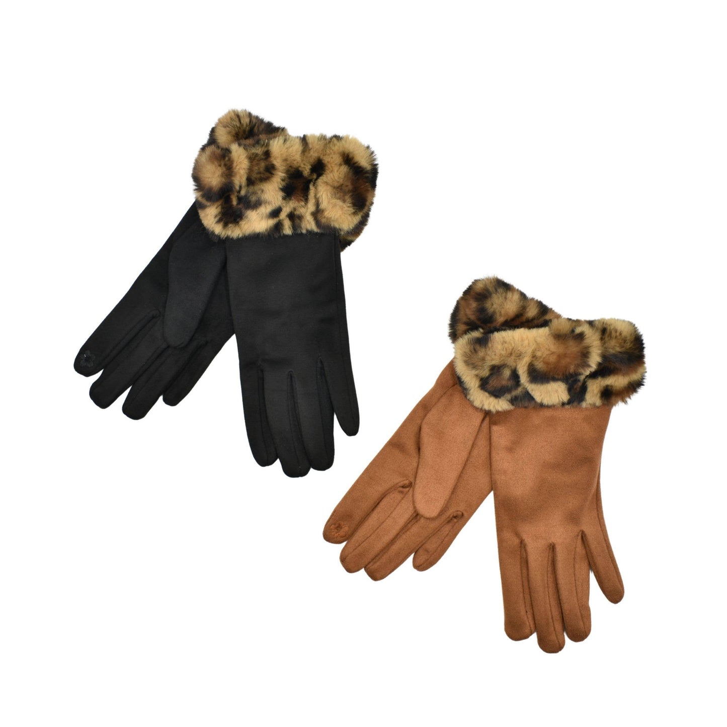 TAN: FAUX FUR LEOPARD CUFF GLOVES THSG1140