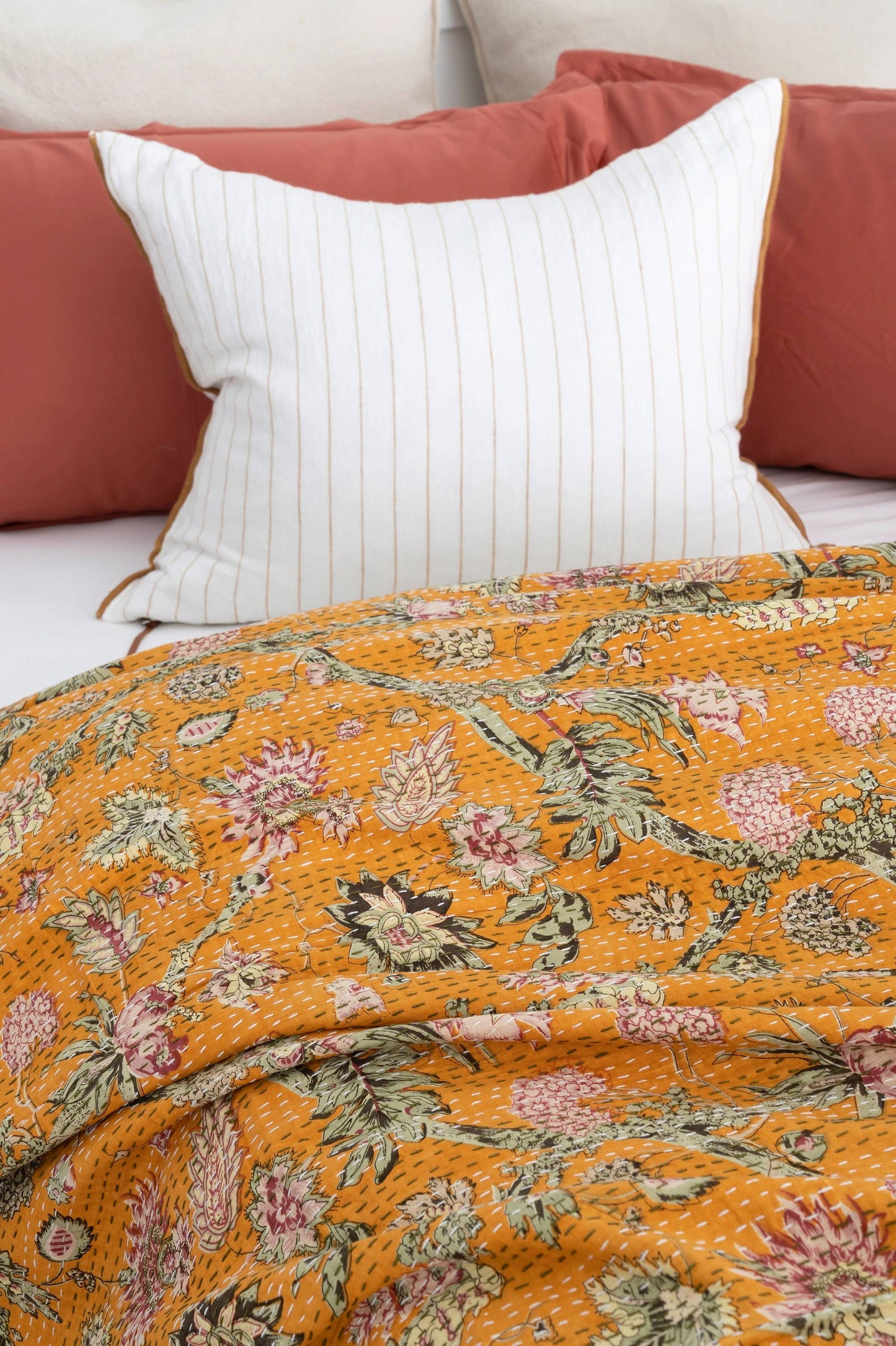 Kantha Quilt Indian Quilt Block Print Quilt Bedspread