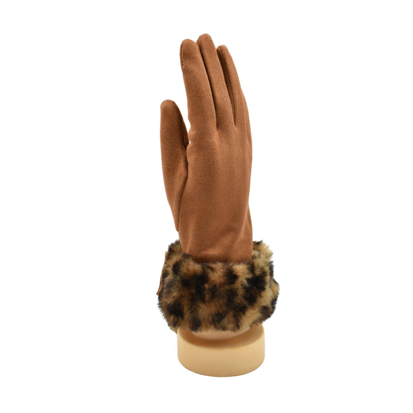 TAN: FAUX FUR LEOPARD CUFF GLOVES THSG1140
