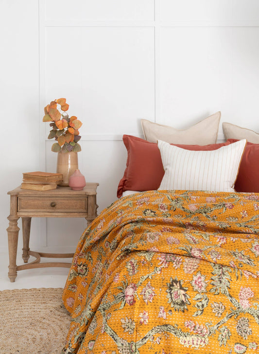 Kantha Quilt Indian Quilt Block Print Quilt Bedspread