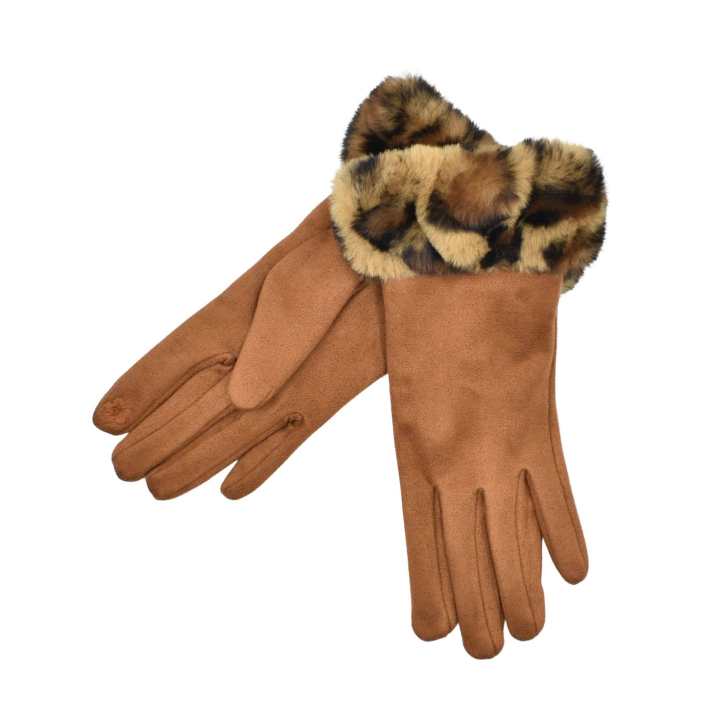 TAN: FAUX FUR LEOPARD CUFF GLOVES THSG1140